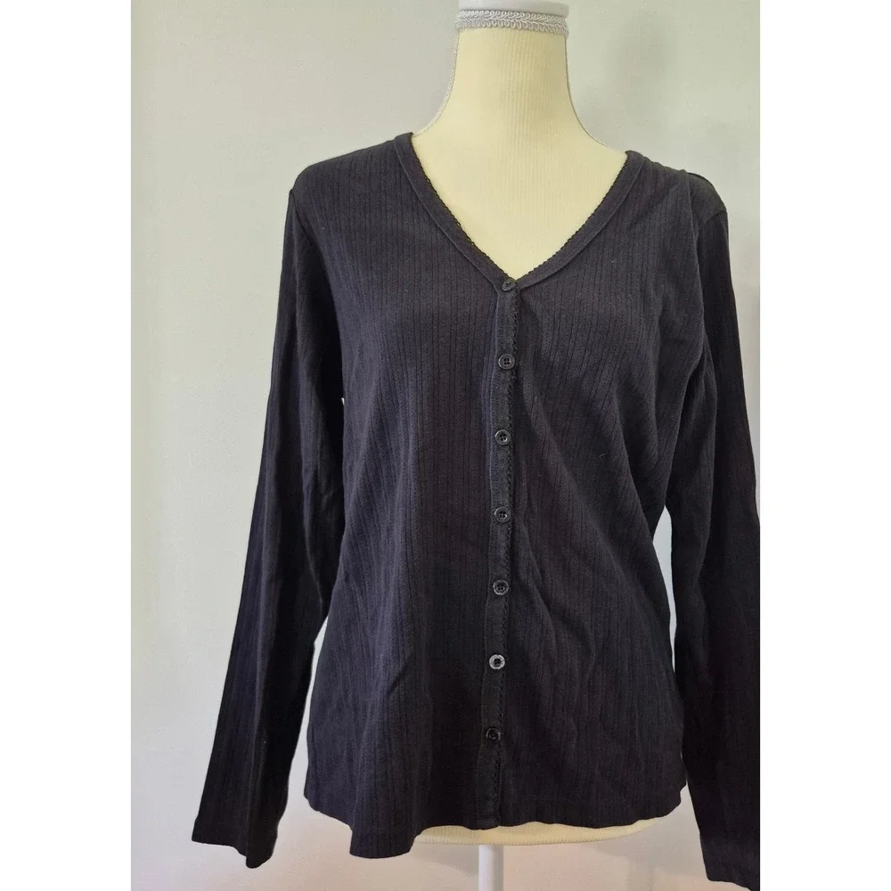 Vtg L.L. BEAN Ribbed Button Down V-Neck 100% Cotton Pointelle Top 90s Minimalism